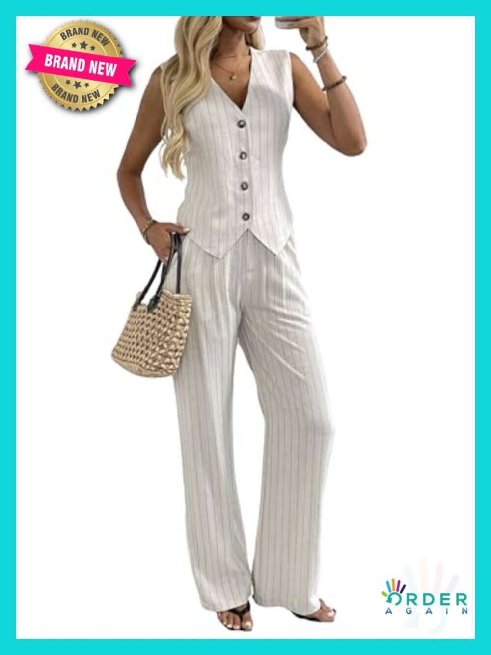 Cotton Linen 2 Piece Outfit Set Striped Jumpsuit Sleeveless Vest Top and Wide